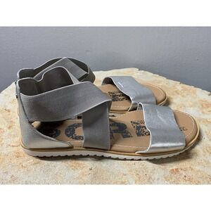 Sorel Ella II Womens Size 7.5 Metallic Silver Leather Sandals Flats Shoes